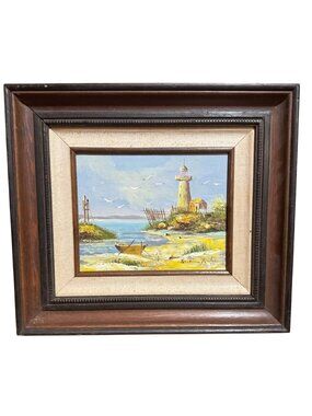 Vtg Home in the Lighthouse by Brian Roche Oil Painting Signed w/ COA 17" X 15"